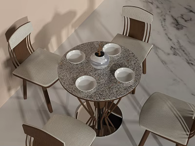 Modern Round Dining Table Set With Patterned Top Four Wooden Leg Chairs And White Bowls 3d model