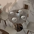 Modern Round Dining Table Set With Patterned Top Four Wooden Leg Chairs And White Bowls