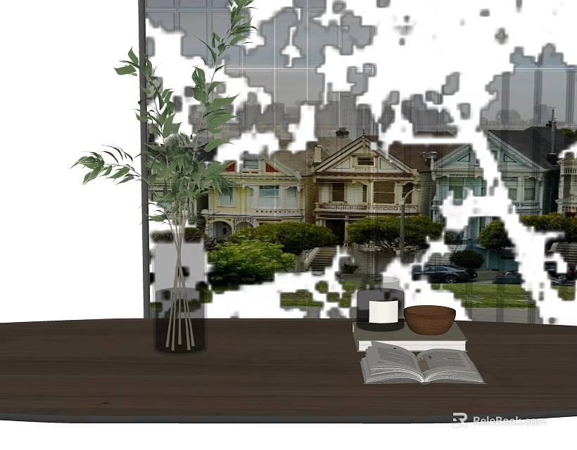 Stylish Vase With Green Foliage On Wooden Table With Open Book Bowl And House View 3d model 