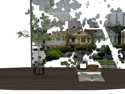 Stylish Vase With Green Foliage On Wooden Table With Open Book Bowl And House View 3d model