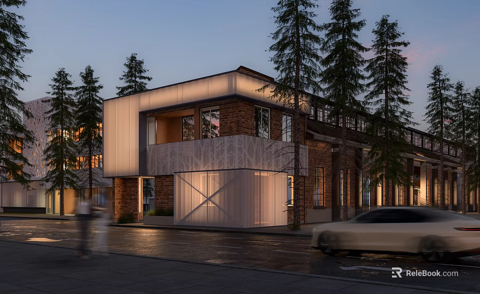 Modern Industrial Factory Building with Brick Glass Facade and Pine Trees Evening Street Car Passing 3d model 