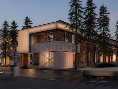 Modern Industrial Factory Building with Brick Glass Facade and Pine Trees Evening Street Car Passing 3d model