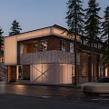 Modern Industrial Factory Building with Brick Glass Facade and Pine Trees Evening Street Car Passing
