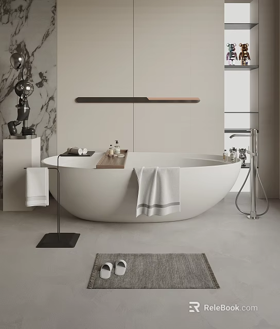 White Freestanding Bathtub In Modern Bathroom With Wooden Tray Towels And Marble Wall 3d model 