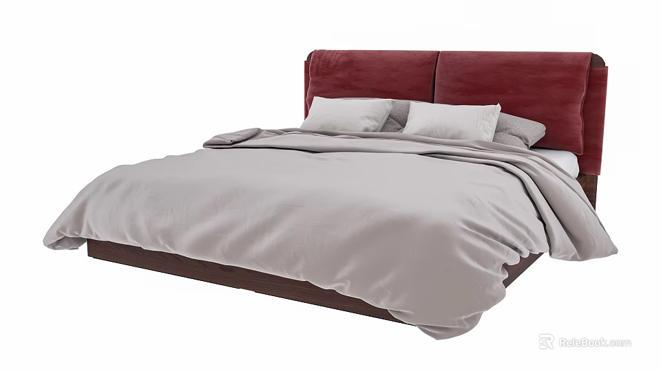 Modern Double Bed with Red Upholstered Headboard Gray Bedspread and White Pillows 3d model