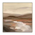 Abstract Landscape Painting With Rolling Mountains Soft Sky Warm Tones And Water Reflections