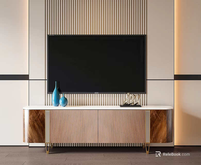 Modern Elegant Wooden TV Stand With Gold Legs Blue Vases And Striped Panel Background 3d model 
