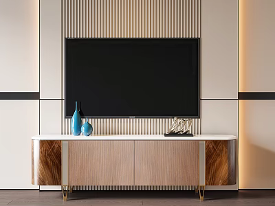 Modern Elegant Wooden TV Stand With Gold Legs Blue Vases And Striped Panel Background 3d model