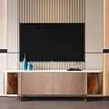 Modern Elegant Wooden TV Stand With Gold Legs Blue Vases And Striped Panel Background
