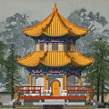 Ancient Chinese Architecture With Multi tiered Golden Roof Red Railings Stone Lions Surrounded By Trees