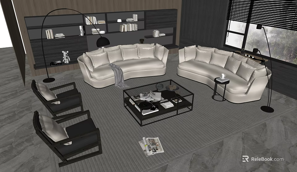 Modern Living Room With White Sofas Black Coffee Table Set And Black Chairs 3d model 