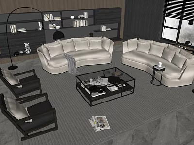 Modern Living Room With White Sofas Black Coffee Table Set And Black Chairs 3d model