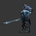 3D Render Of Blue Armored Knight Standing With Sword And Shield