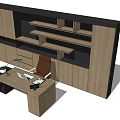 Modern Office Desk Setup With Wooden Cabinets Shelves Laptop Desk Lamp And Potted Plant