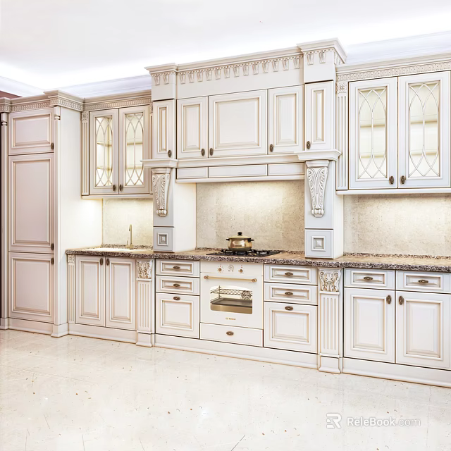 Classic White Kitchen Cabinets With Glass Doors And Marble Countertops Interior 3d model 