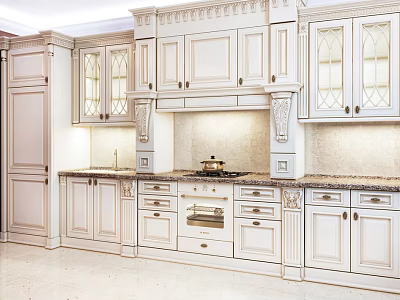 Classic White Kitchen Cabinets With Glass Doors And Marble Countertops Interior 3d model