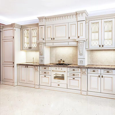 Classic White Kitchen Cabinets With Glass Doors And Marble Countertops Interior 3d model