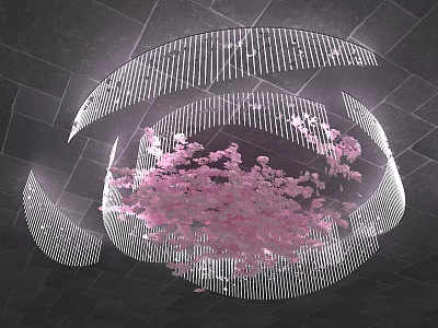 Modern Chandelier with White Striped Circular Design and Pink Cherry Blossom Decoration on Dark Ceiling 3d model