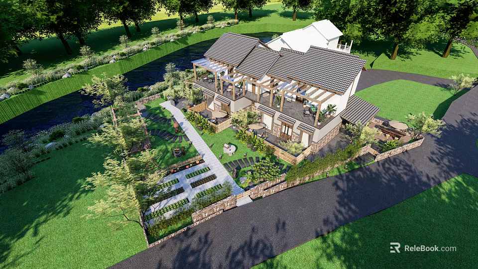 Scenic Guesthouse Building With Courtyard Terrace and Lush Greenery Surrounded by Trees 3d model 