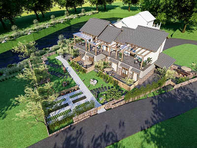 Scenic Guesthouse Building With Courtyard Terrace and Lush Greenery Surrounded by Trees 3d model