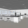 Modern Bright Laboratory Interior With White Countertops Stools Shelves And Equipment