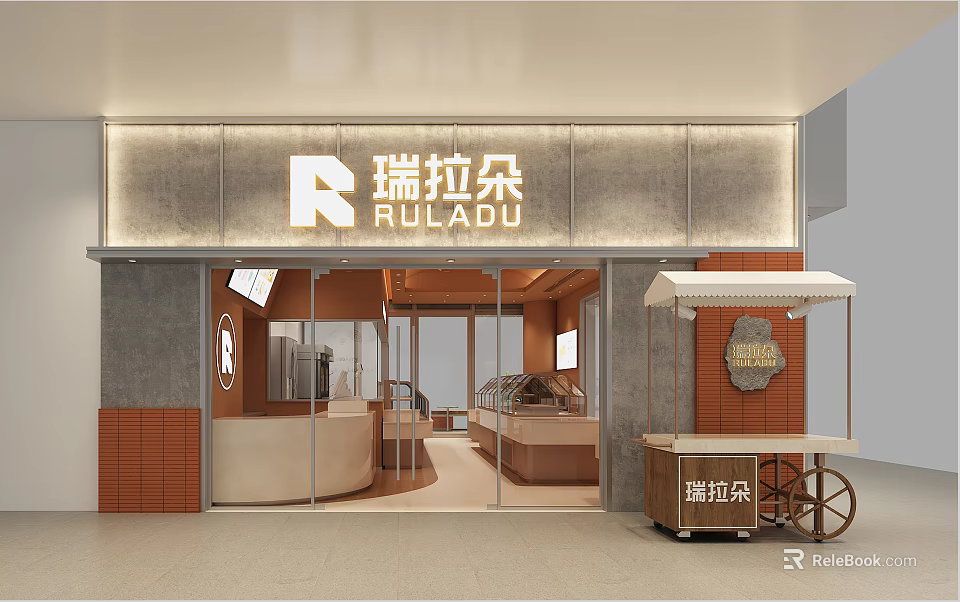 Modern Ruladuo Dessert Shop Storefront With Glass Doors Display Cases Signage And Outdoor Cart 3d model 