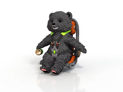Black Bear Toy Sitting On Orange Seat With Green Harness And Lantern 3d model