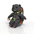 Black Bear Toy Sitting On Orange Seat With Green Harness And Lantern