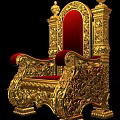Intricate Golden Carved Throne With Red Upholstered Seat And Armrests