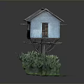 Modern Elevated Small House Design With Support Structure And Lush Greenery