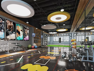 Spacious Fitness Gym Interior With Circular Lights Wall Posters Colorful Floor Patterns And Equipment 3d model