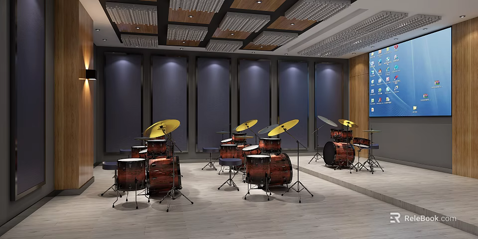 Spacious Drum Studio Interior With Multiple Drum Sets Dark Walls And Icon Screen 3d model 