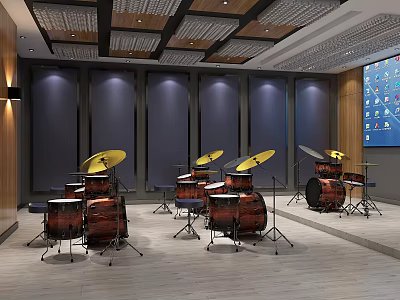 Spacious Drum Studio Interior With Multiple Drum Sets Dark Walls And Icon Screen 3d model