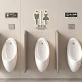 Public Restroom Three White Wall Mounted Urinals With Partitions And Signs
