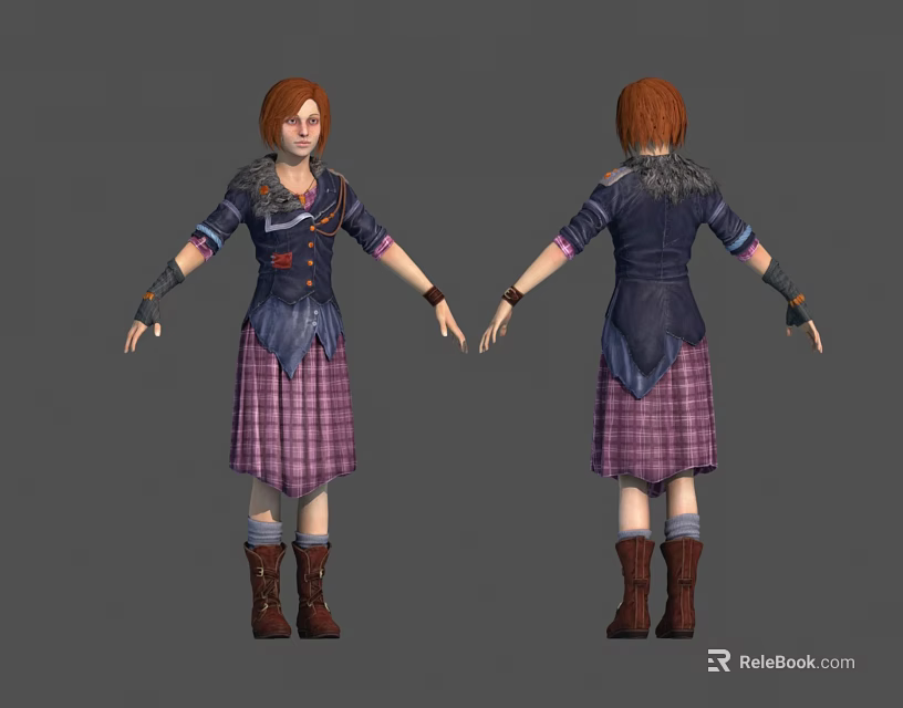 3D Character With Red Hair Blue Top Purple Plaid Skirt Brown Boots Front Back View 3d model 
