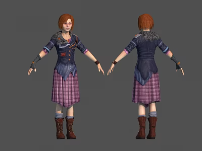 3D Character With Red Hair Blue Top Purple Plaid Skirt Brown Boots Front Back View 3d model