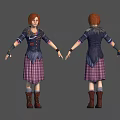 3D Character With Red Hair Blue Top Purple Plaid Skirt Brown Boots Front Back View
