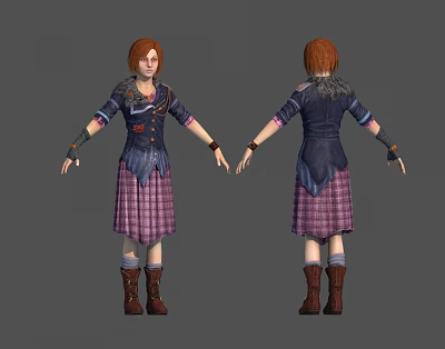 3D Character With Red Hair Blue Top Purple Plaid Skirt Brown Boots Front Back View 3d model