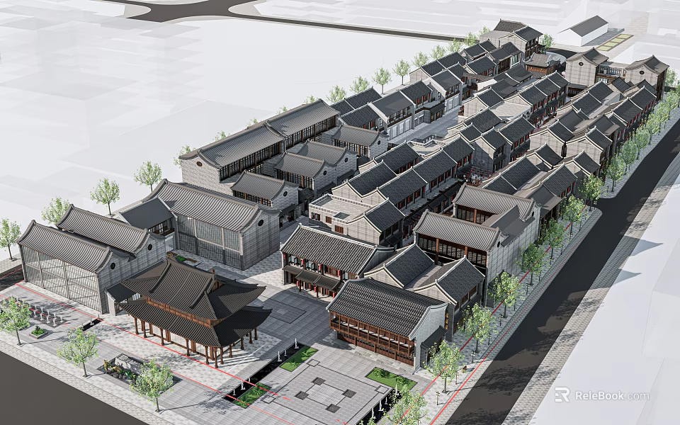 Traditional Commercial Street Featuring Connected Buildings Green Trees And Pedestrian Walkways 3d model 