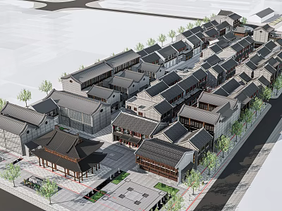 Traditional Commercial Street Featuring Connected Buildings Green Trees And Pedestrian Walkways 3d model