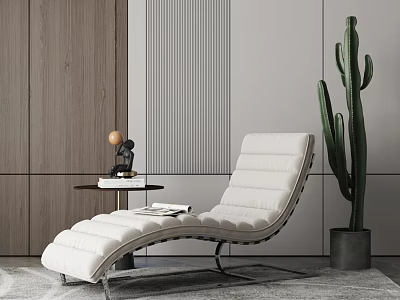 White Lounge Chair With Metal Frame Near Side Table And Cactus By Wooden Gray Walls 3d model