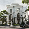 Classic Detached Villa Featuring Tall Tower Large Glass Windows and Green Surroundings