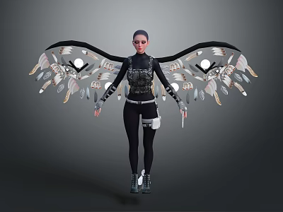 Game Movie Character In Black Tight Suit With Mechanical Wings Feathers Circular Elements Holding Weapon 3d model