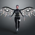 Game Movie Character In Black Tight Suit With Mechanical Wings Feathers Circular Elements Holding Weapon
