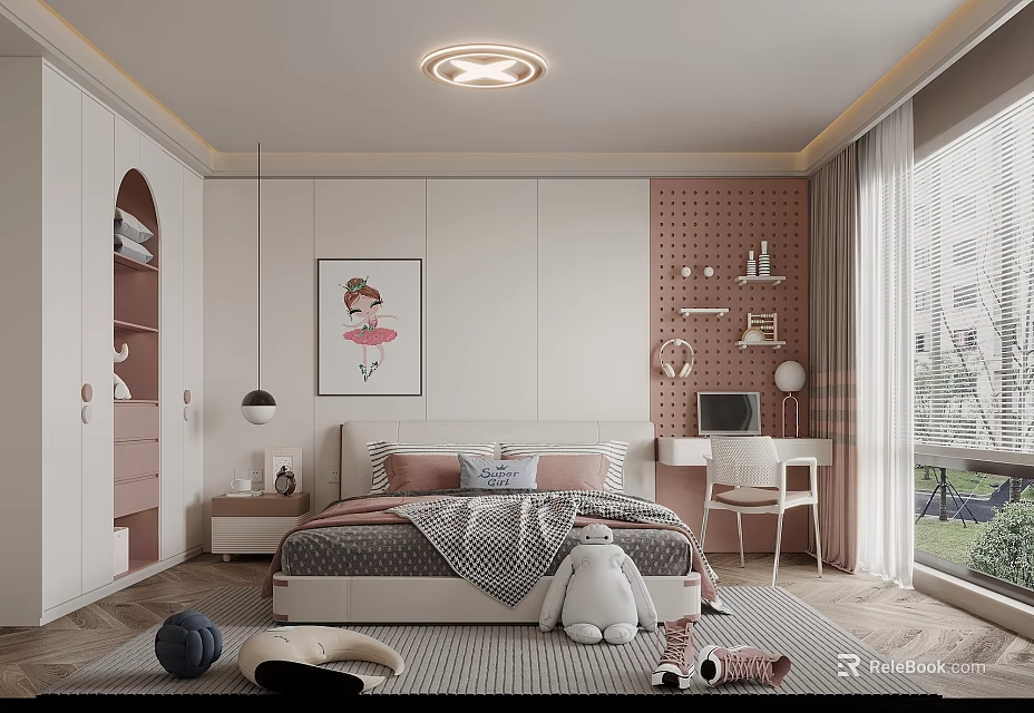 Modern Kids Room Interior With Bed Pink Gray Pillows Stuffed Toys Desk And Curtains 3d model 