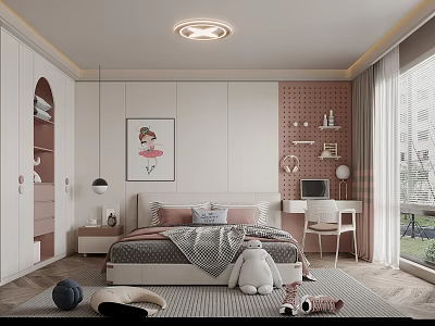 Modern Kids Room Interior With Bed Pink Gray Pillows Stuffed Toys Desk And Curtains 3d model