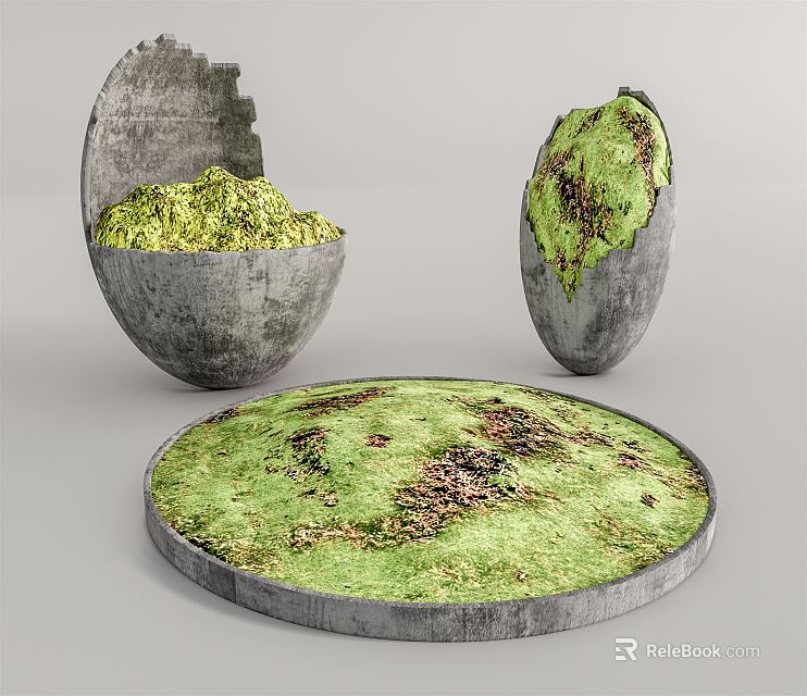 Concrete Egg Shaped Bonsai Planters With Green Moss Covering And Round Base 3d model 
