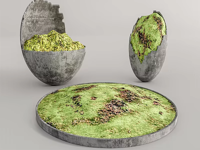 Concrete Egg Shaped Bonsai Planters With Green Moss Covering And Round Base 3d model