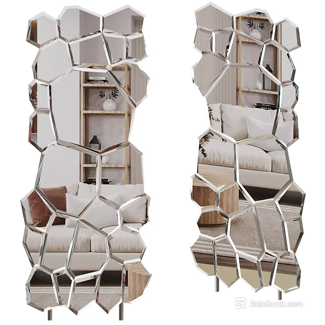 Geometric Design Mirror With Metal Frame Reflecting Living Room Sofa And Bookshelf 3d model 