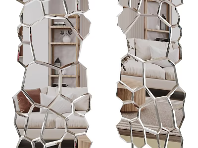 Geometric Design Mirror With Metal Frame Reflecting Living Room Sofa And Bookshelf 3d model